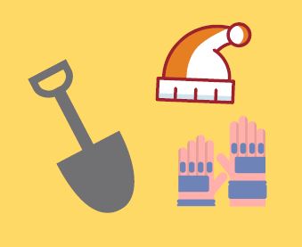 Winter hat, gloves, and snow shovel.