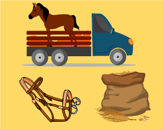 A horse standing in the back of a truck, horse reigns, and a bad of feed